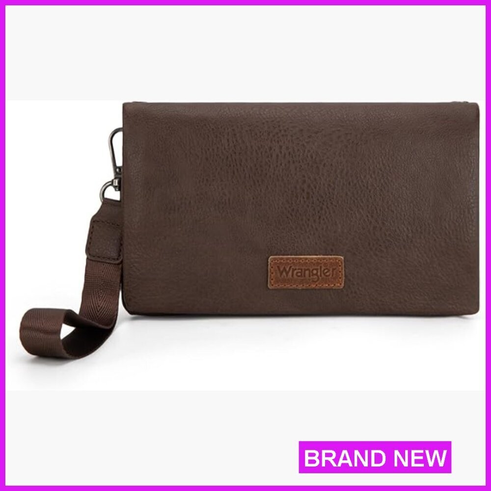 Minimalist RFID Blocking Bifold Clutch with Crossbody Strap Wristlet Purse
